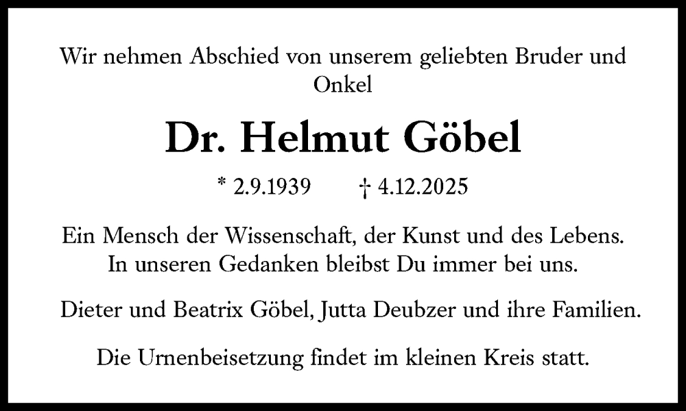  Traueranzeige für Helmut Göbel vom 24.12.2025 aus Süddeutsche Zeitung