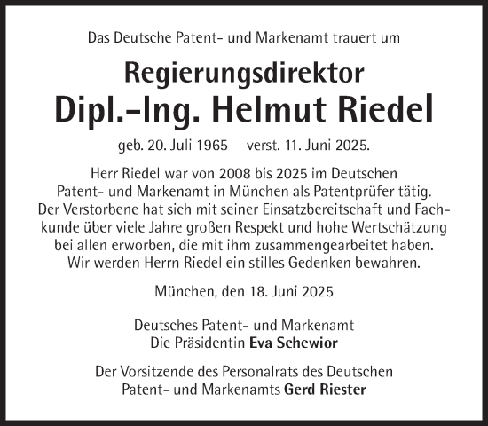 Traueranzeige von Helmut Riedel von Süddeutsche Zeitung