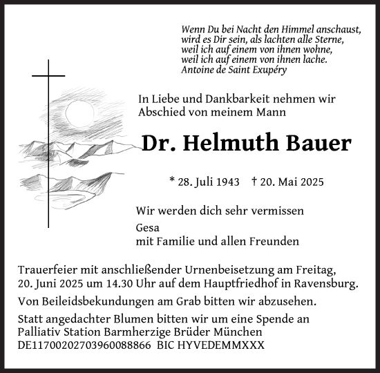 Traueranzeige von Helmuth Bauer von Süddeutsche Zeitung