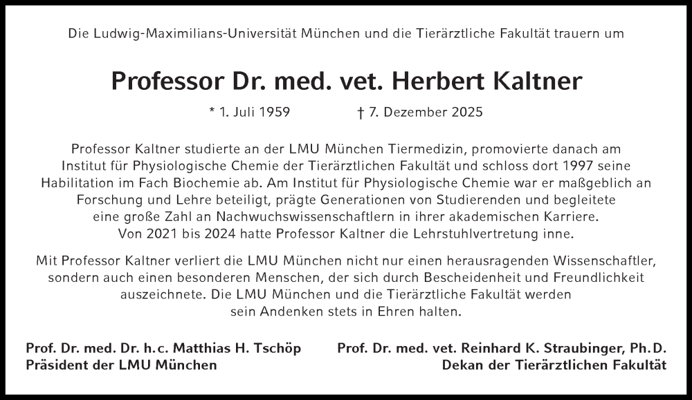  Traueranzeige für Herbert Kaltner vom 13.12.2025 aus Süddeutsche Zeitung