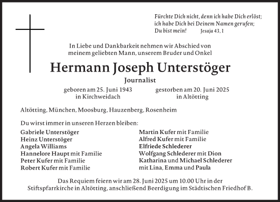 Traueranzeige von Hermann Joseph Unterstöger von Süddeutsche Zeitung