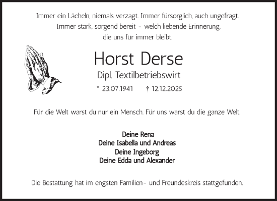 Traueranzeige von Horst Derse von Süddeutsche Zeitung
