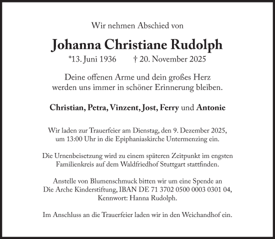 Traueranzeige von Johanna Christiane Rudolph von Süddeutsche Zeitung