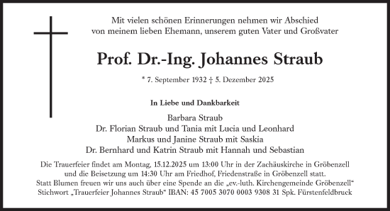 Traueranzeige von Johannes Straub von Süddeutsche Zeitung