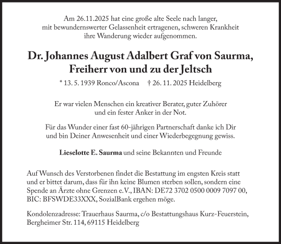 Traueranzeige von Johannes August Adalbert Graf von Saurma von Süddeutsche Zeitung