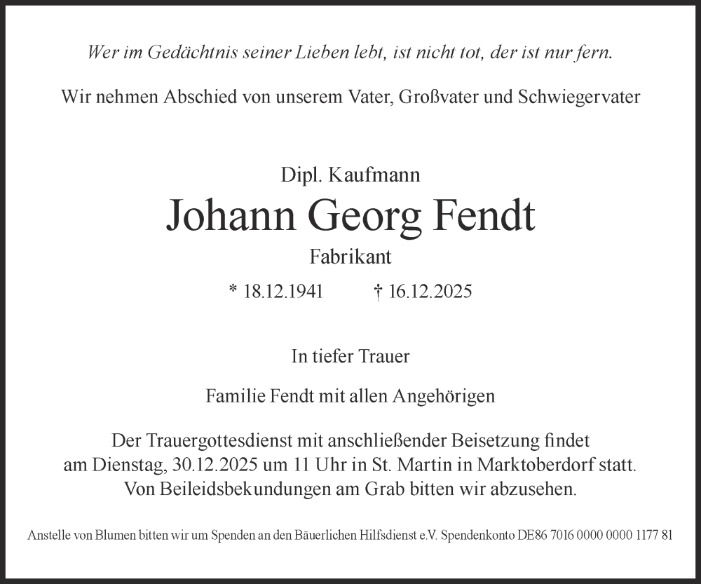  Traueranzeige für Johann Georg Fendt vom 23.12.2025 aus Süddeutsche Zeitung