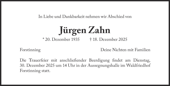 Traueranzeige von Jürgen Zahn von Süddeutsche Zeitung
