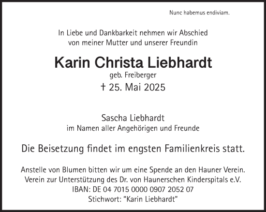 Traueranzeige von Karin Christa Liebhardt von Süddeutsche Zeitung
