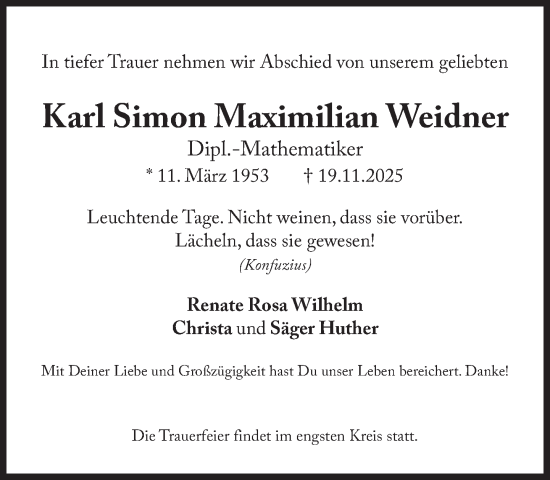 Traueranzeige von Karl Simon Maximilian Weidner von Süddeutsche Zeitung