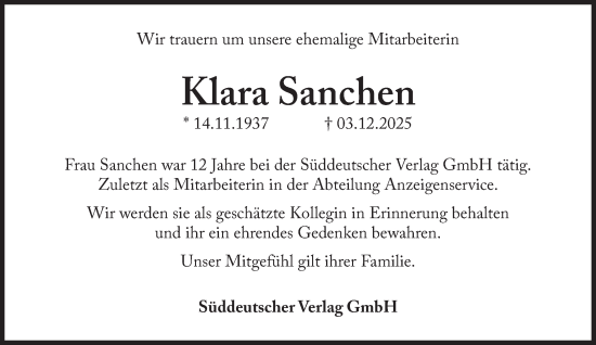 Traueranzeige von Klara Sanchen von Süddeutsche Zeitung