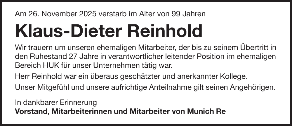  Traueranzeige für Klaus-Dieter Reinhold vom 04.12.2025 aus Süddeutsche Zeitung