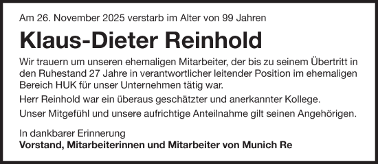 Traueranzeige von Klaus-Dieter Reinhold von Süddeutsche Zeitung