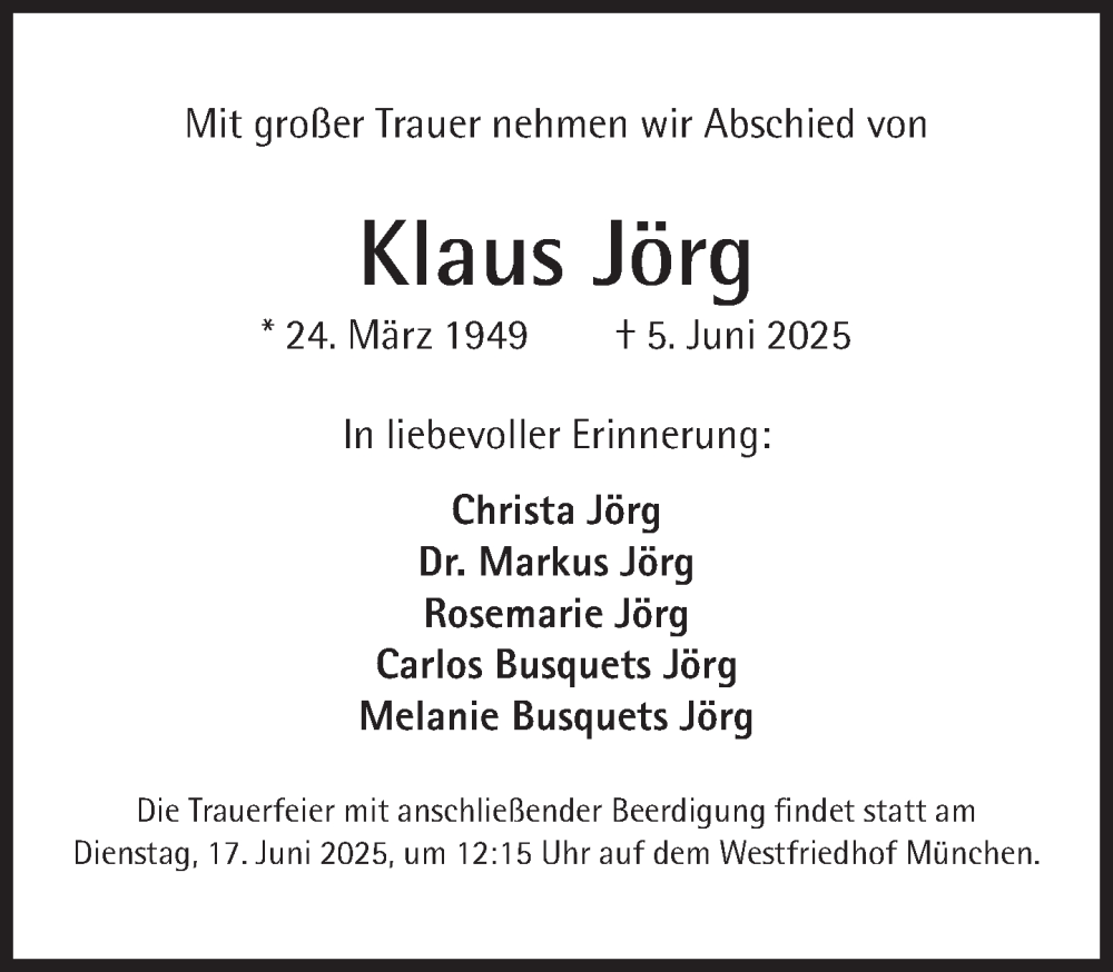  Traueranzeige für Klaus Jörg vom 14.06.2025 aus Süddeutsche Zeitung
