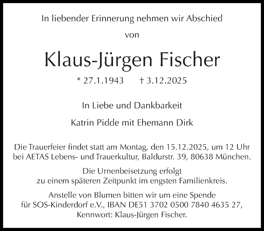  Traueranzeige für Klaus-Jürgen Fischer vom 06.12.2025 aus Süddeutsche Zeitung