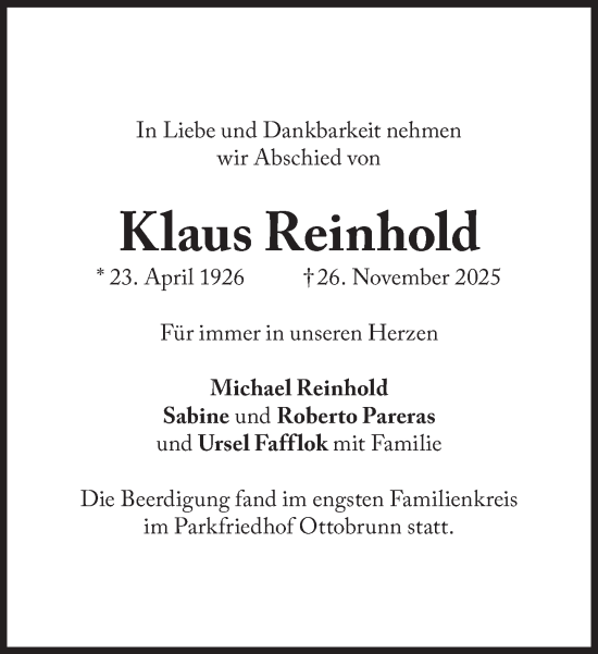 Traueranzeige von Klaus Reinhold von Süddeutsche Zeitung