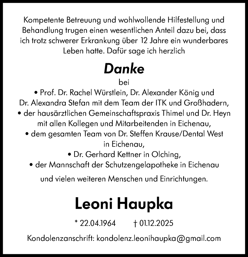  Traueranzeige für Leoni Haupka vom 06.12.2025 aus Süddeutsche Zeitung