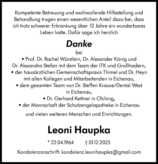 Traueranzeige von Leoni Haupka von Süddeutsche Zeitung