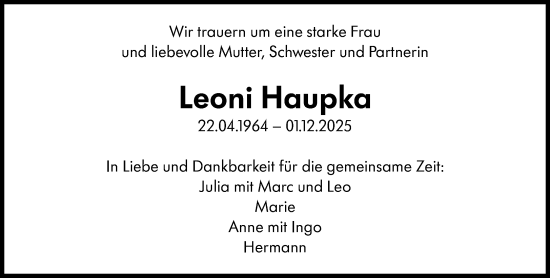 Traueranzeige von Leoni Haupka von Süddeutsche Zeitung