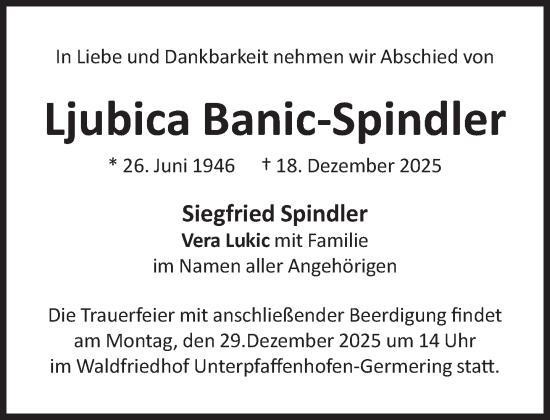 Traueranzeige von Ljubica Banic-Spindler von Süddeutsche Zeitung