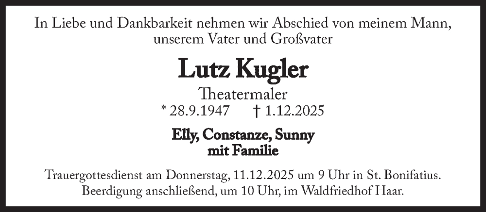  Traueranzeige für Lutz Kugler vom 06.12.2025 aus Süddeutsche Zeitung