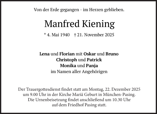 Traueranzeige von Manfred Kiening von Süddeutsche Zeitung