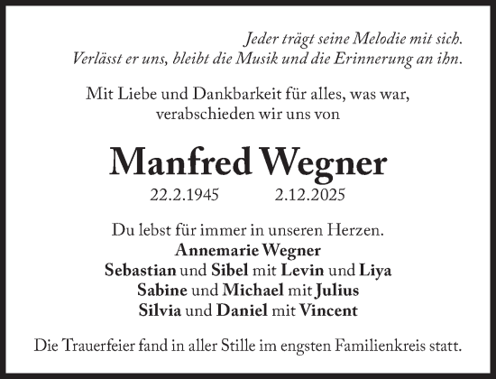 Traueranzeige von Manfred Wegner von Süddeutsche Zeitung