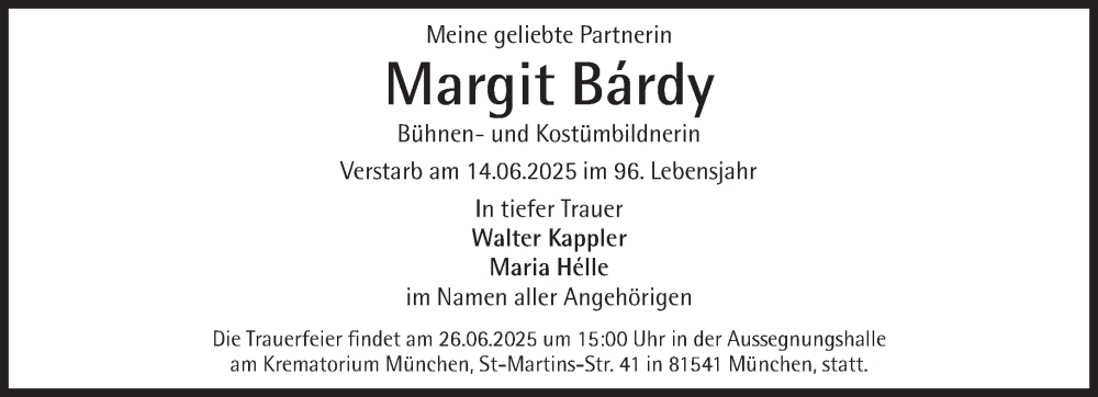  Traueranzeige für Margit Bárdy vom 21.06.2025 aus Süddeutsche Zeitung