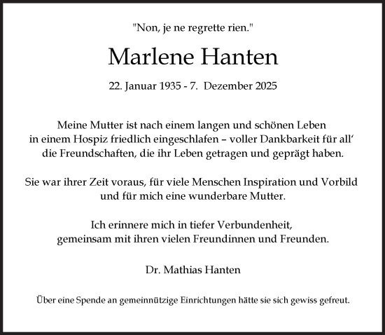 Traueranzeige von Marlene Hanten von Süddeutsche Zeitung