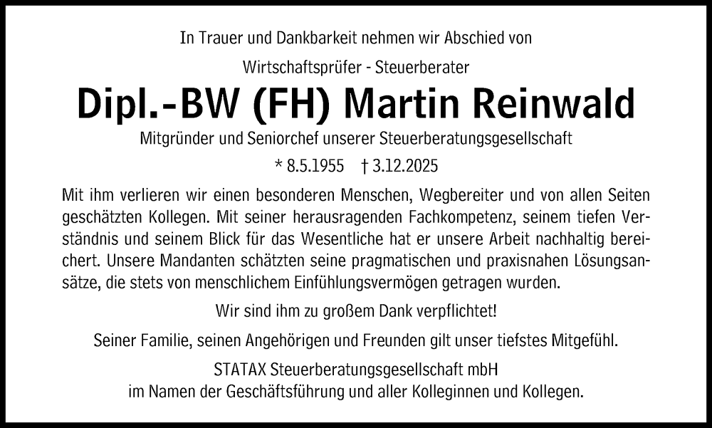  Traueranzeige für Martin Reinwald vom 13.12.2025 aus Süddeutsche Zeitung