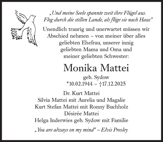 Traueranzeige von Monika Mattei von Süddeutsche Zeitung