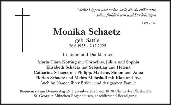 Traueranzeige von Monika Schaetz von Süddeutsche Zeitung