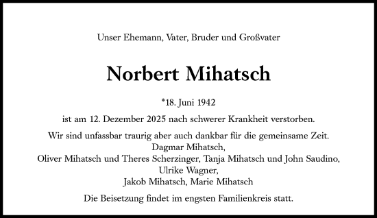 Traueranzeige von Norbert Mihatsch von Süddeutsche Zeitung