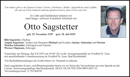 Traueranzeige von Otto Sagstetter von Süddeutsche Zeitung