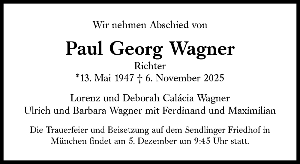  Traueranzeige für Paul Georg Wagner vom 03.12.2025 aus Süddeutsche Zeitung
