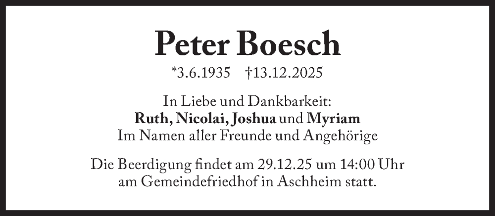  Traueranzeige für Peter Boesch vom 20.12.2025 aus Süddeutsche Zeitung