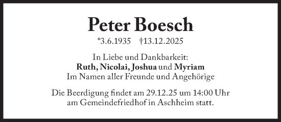 Traueranzeige von Peter Boesch von Süddeutsche Zeitung