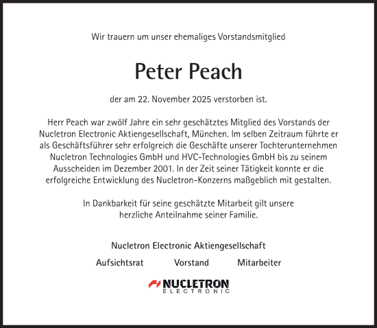 Traueranzeige von Peter Peach von Süddeutsche Zeitung