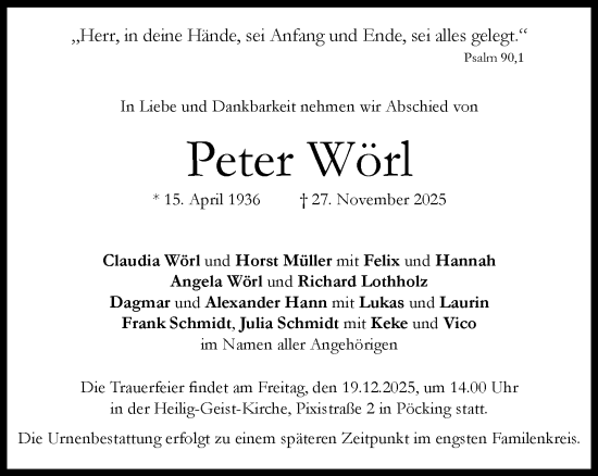 Traueranzeige von Peter Wörl von Süddeutsche Zeitung
