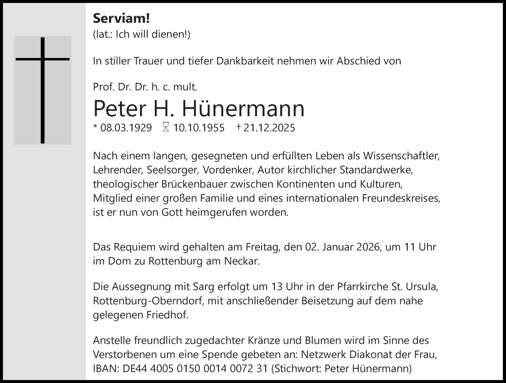  Traueranzeige für Peter H. Hünermann vom 27.12.2025 aus Süddeutsche Zeitung