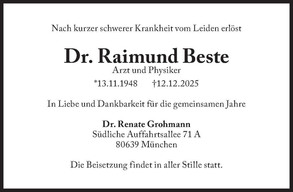  Traueranzeige für Raimund Beste vom 20.12.2025 aus Süddeutsche Zeitung