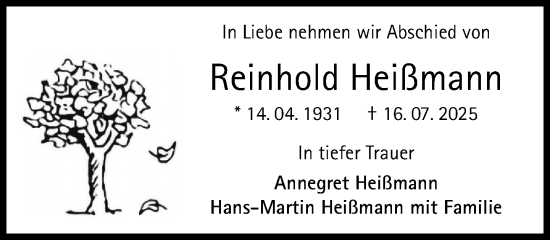 Traueranzeige von Reinhold Heißmann von Süddeutsche Zeitung