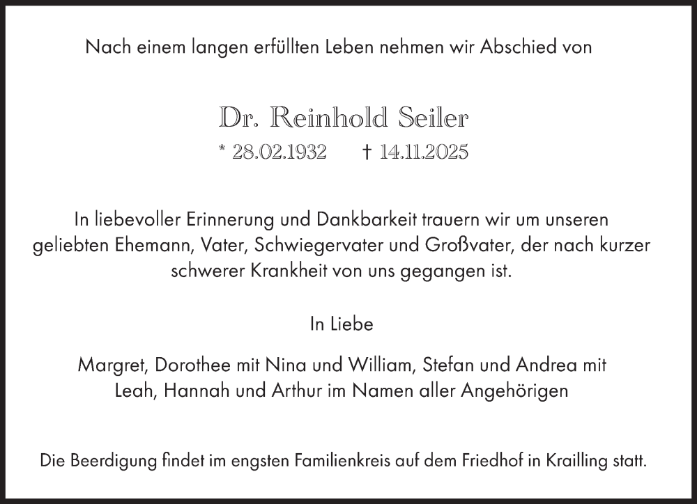  Traueranzeige für Reinhold Seiler vom 06.12.2025 aus Süddeutsche Zeitung