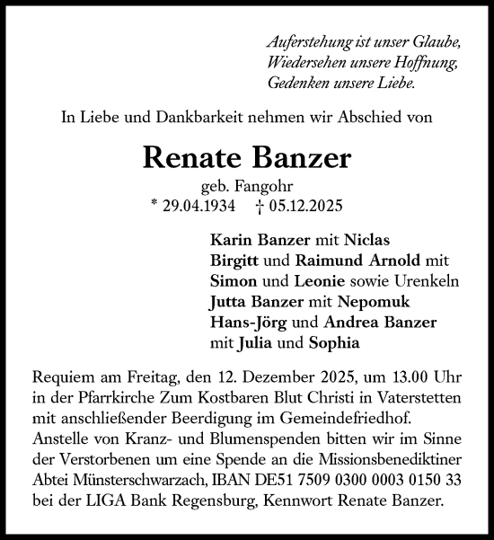 Traueranzeige von Renate Banzer von Süddeutsche Zeitung