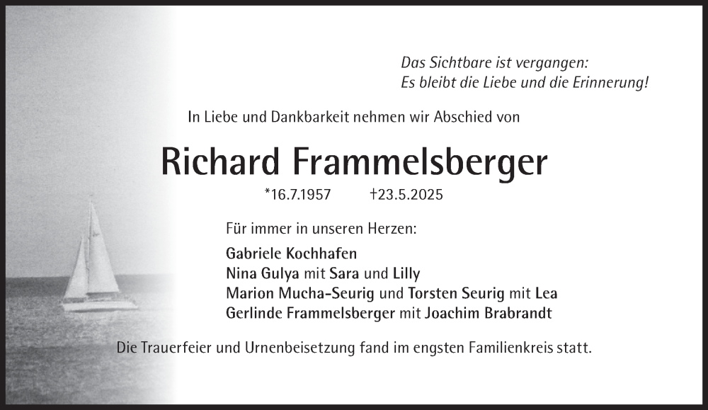  Traueranzeige für Richard Frammelsberger vom 07.06.2025 aus Süddeutsche Zeitung