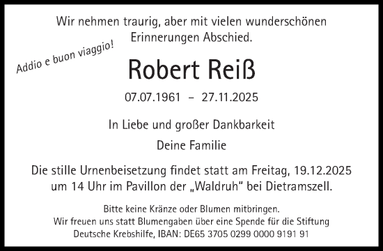 Traueranzeige von Robert Reiß von Süddeutsche Zeitung