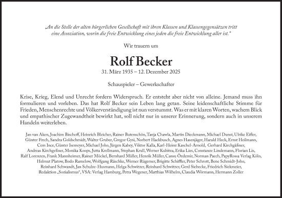 Traueranzeige von Rolf Becker von Süddeutsche Zeitung