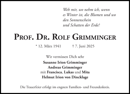 Traueranzeige von Rolf Grimminger von Süddeutsche Zeitung