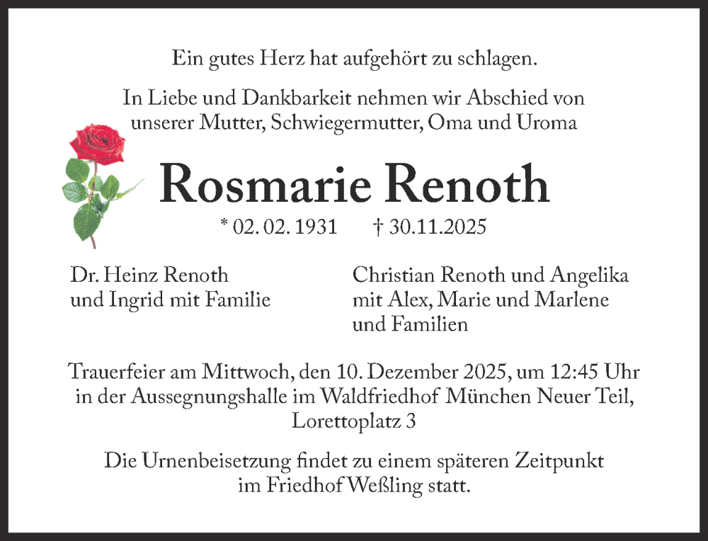  Traueranzeige für Rosmarie Renoth vom 06.12.2025 aus Süddeutsche Zeitung