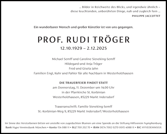 Traueranzeige von Rudi Tröger von Süddeutsche Zeitung