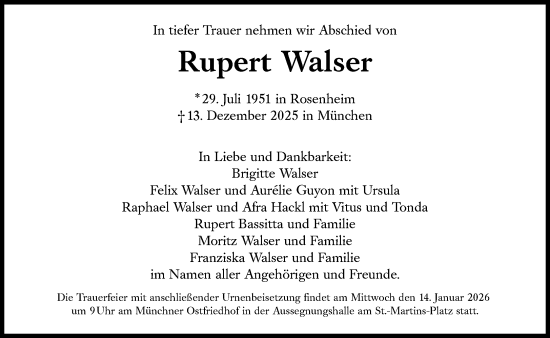 Traueranzeige von Rupert Walser von Süddeutsche Zeitung